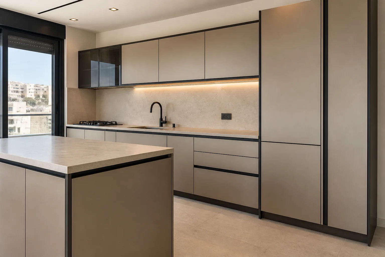 Custom champagne aluminium kitchen cabinetry with dark slim profiles