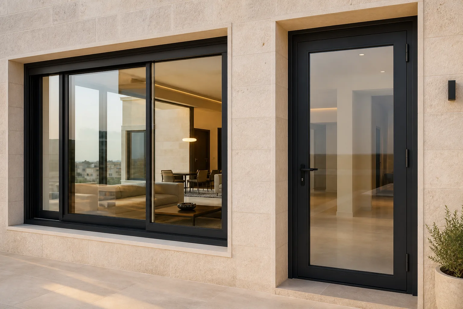 Dark aluminium window and entrance door installed in a Jordanian limestone villa