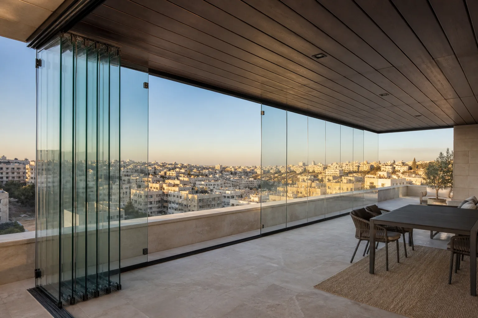 Folding glass panels opening onto a villa terrace